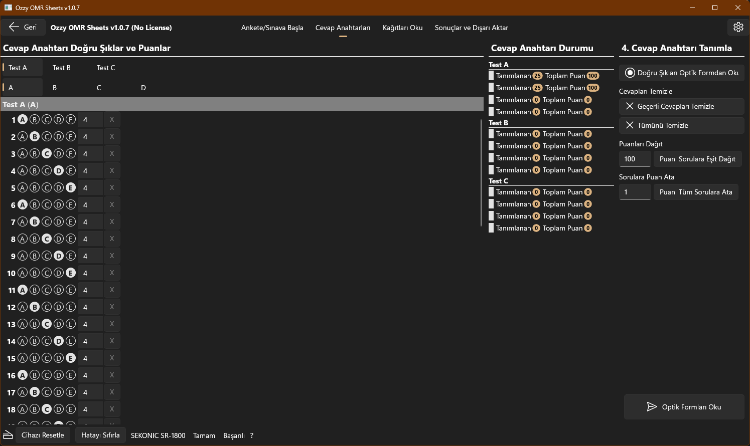 Ozzy OMR Sheets uygulamasının koyu temada cevap anahtarı tanımlama ekran görüntüsü