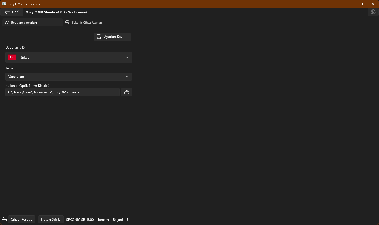 Ozzy OMR Sheets uygulamasının ayarlar sayfasının koyu temadaki ekran görüntüsü
