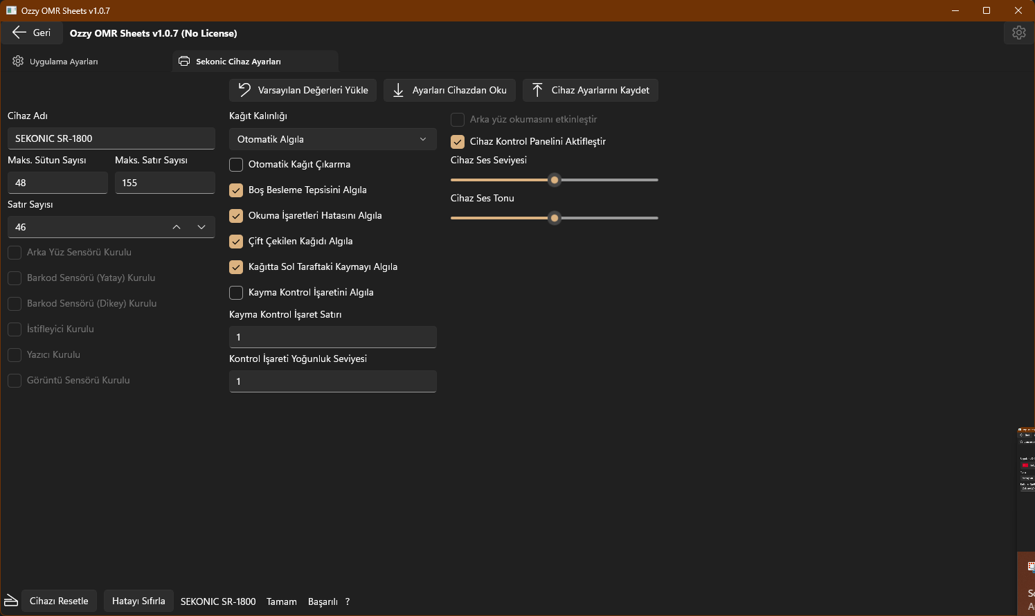 Ozzy OMR Sheets uygulamasının ayarlar sayfasının koyu temadaki ekran görüntüsü