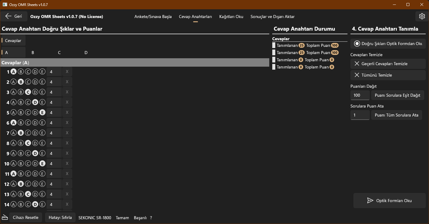 Ozzy OMR Sheets uygulamasının koyu temada cevap anahtarı tanımlama ekran görüntüsü