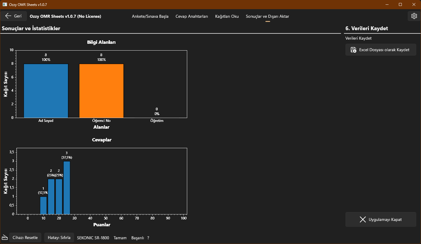 Optik form okuma sonuçlarının grafiksel olarak gösterildiği ve okumaların Excel dosyasına kaydedilebildiği ekranın koyu temadaki ekran görüntüsü