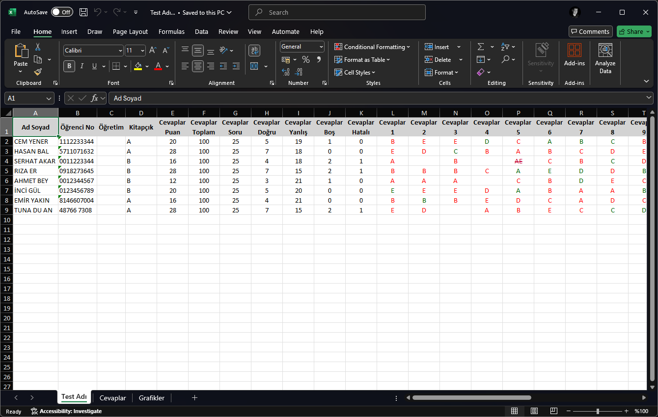 Excel olarak kaydedilen dosyada optik form okuma sonuçlarının listelendiği sekmenin ekran görüntüsü