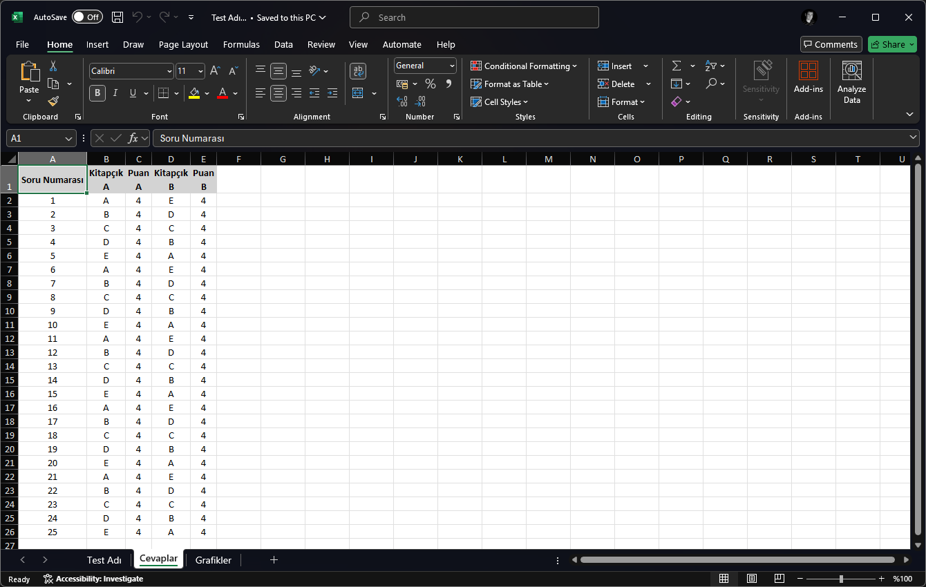 Excel dosyası olarak kaydedilen dosyada optik formların okunmasında kullanılan cevap anahtarının her bir kitapçık türü için doğru cevapları ve puanlarını gösteren sekmesinin ekran görüntüsü