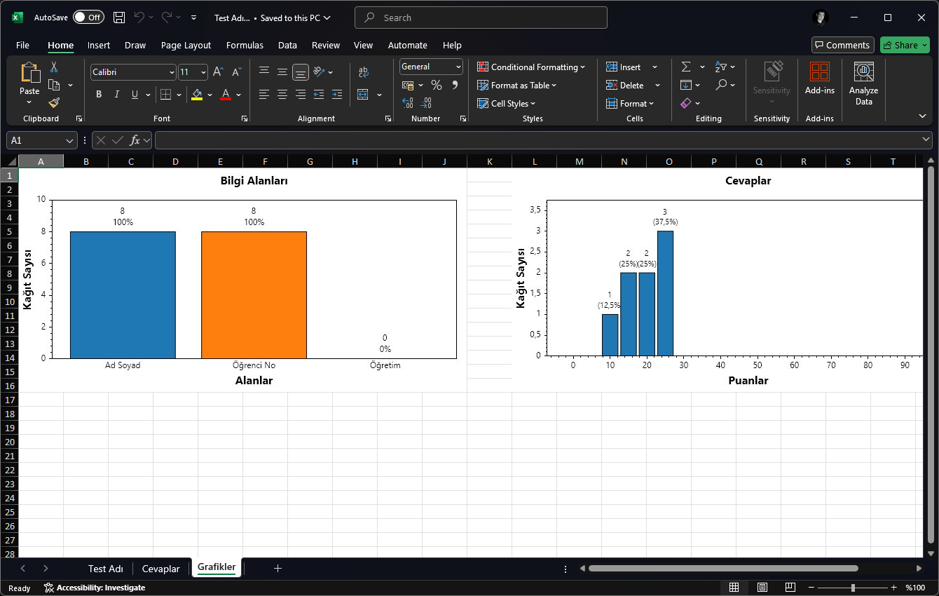 Excel dosyası olarak kaydedilen dosyada optik form okuma sonuçlarının grafiksel olarak gösterildiği sekmenin ekran görüntüsü