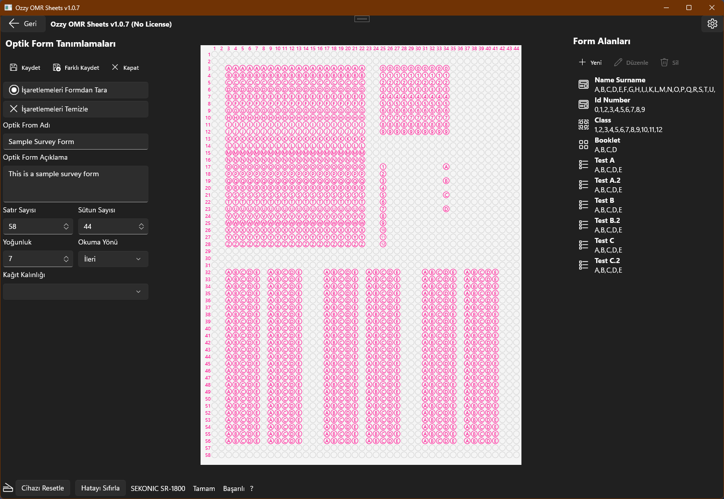 Yeni optik formnların tanımlandığı ya da optik formların düzenlendiği optik form düzenleme ekranının koyu temadaki ekran görüntüsü