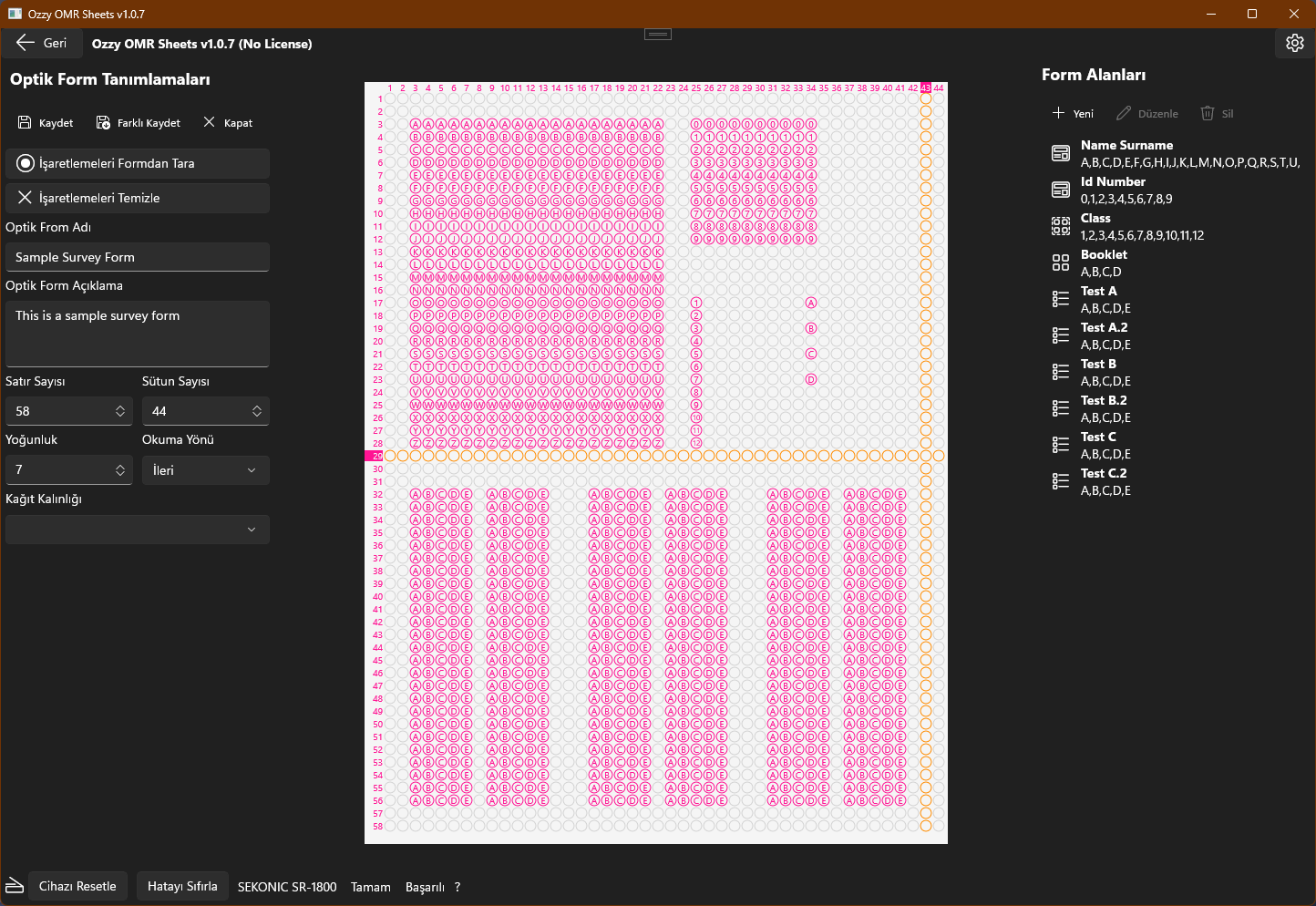 Optik alanlarının tanımlandığı ve optik formların düzenlenebildiği optik form düzenleme ekranının koyu temadaki ekran görüntüsü