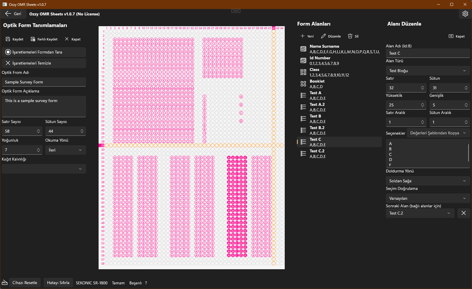 Optik formda tanımlanan alanların düzenlenebildiği optik form düzenleme ekranının koyu temadaki ekran görüntüsü