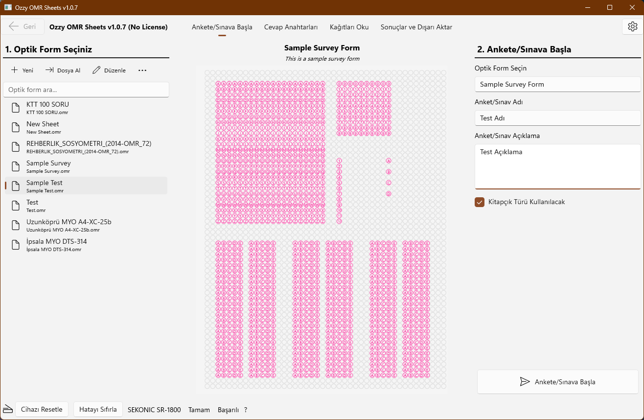 Ozzy OMR Sheets uygulamasının açık temada optik form seçme ekran görüntüsü