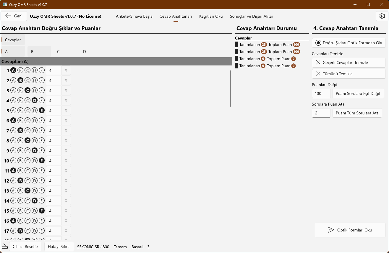 Ozzy OMR Sheets uygulamasının açık temada cevap anahtarı tanımlama ekran görüntüsü