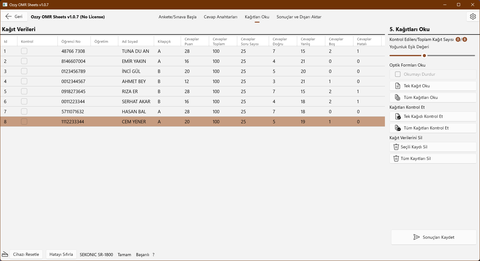 Ozzy OMR Sheets uygulamasının açık temada optik formları Sekonic cihazdan okuma ekranı görüntüsü