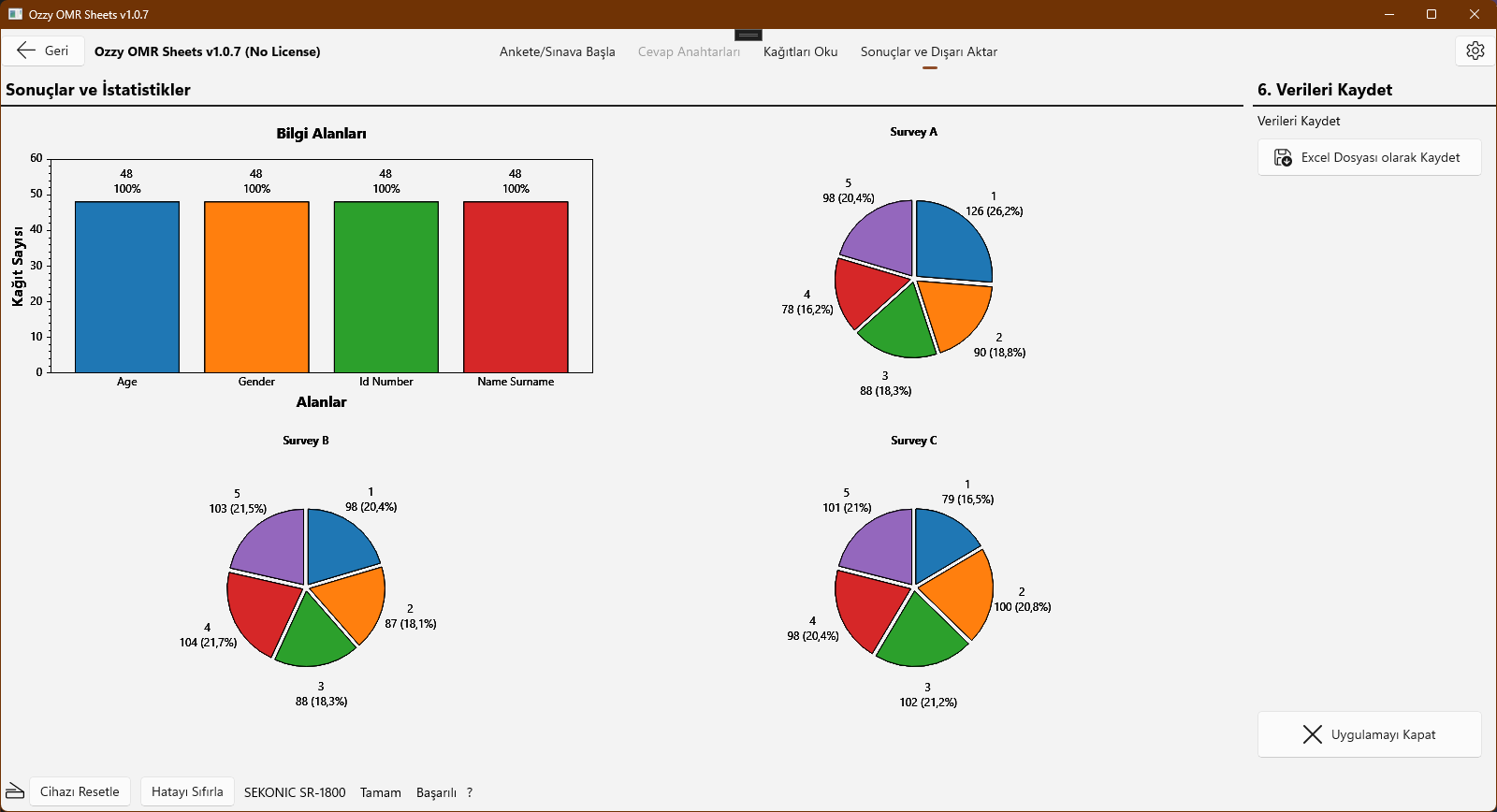 Optik okuma sonuçlarının istatistiksel grafiklerle değerlendirme ve sonuçların Excel dosyasına kaydedilebildiği ekranın açık temadaki görüntüsü