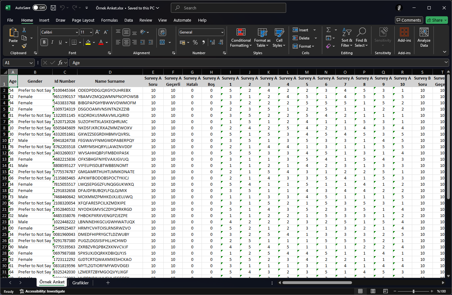 Excel olarak kaydedilmiş optik form okuma sonuçlarının Excel dosyasındaki okuma kayıtlarını gösteren ekran görüntüsü