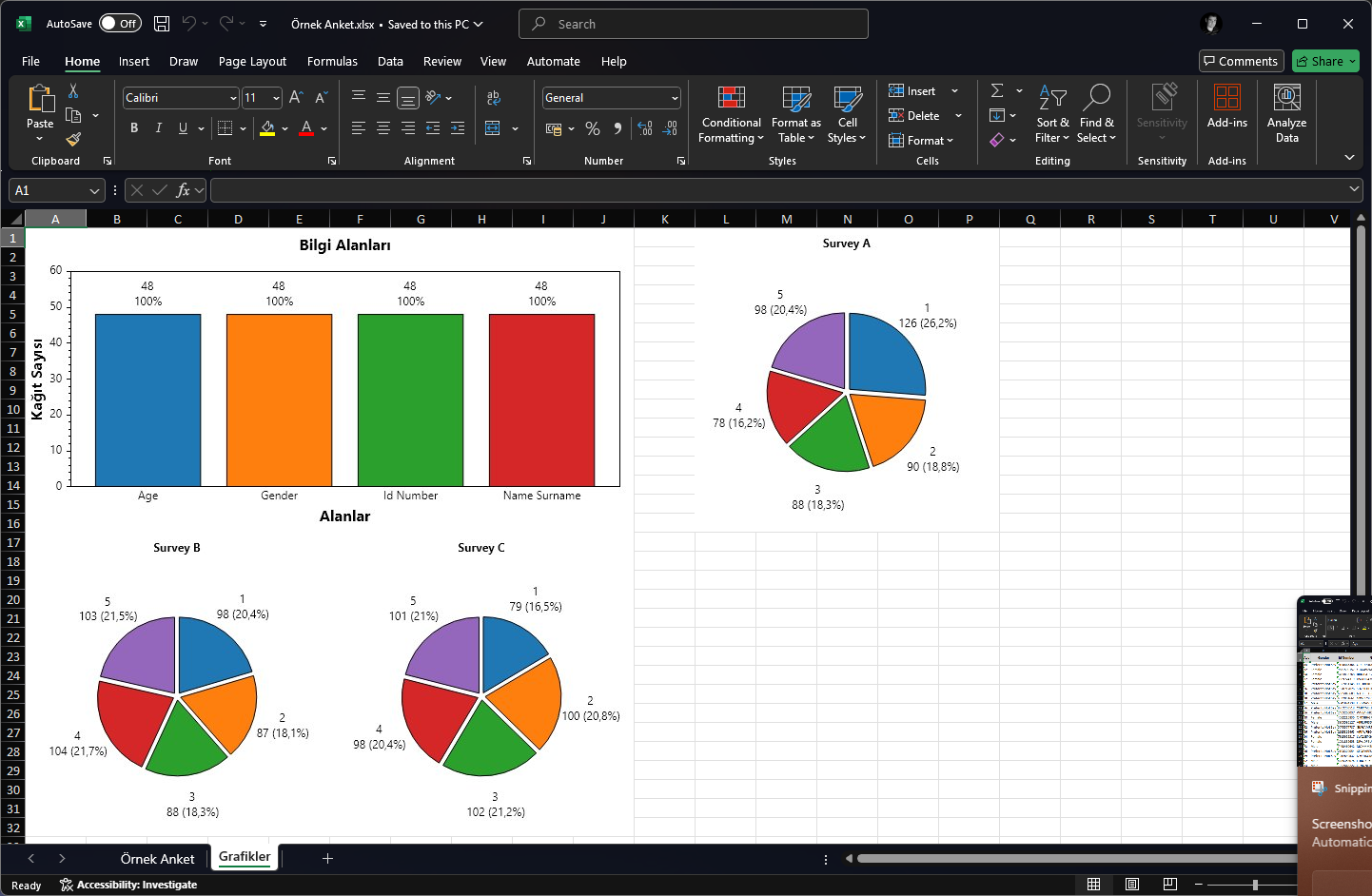 Excel olarak kaydedilmiş optik form okuma sonuçlarının Excel dosyasındaki grafiksel değerlendirme sonuçlarını gösteren ekran görüntüsü