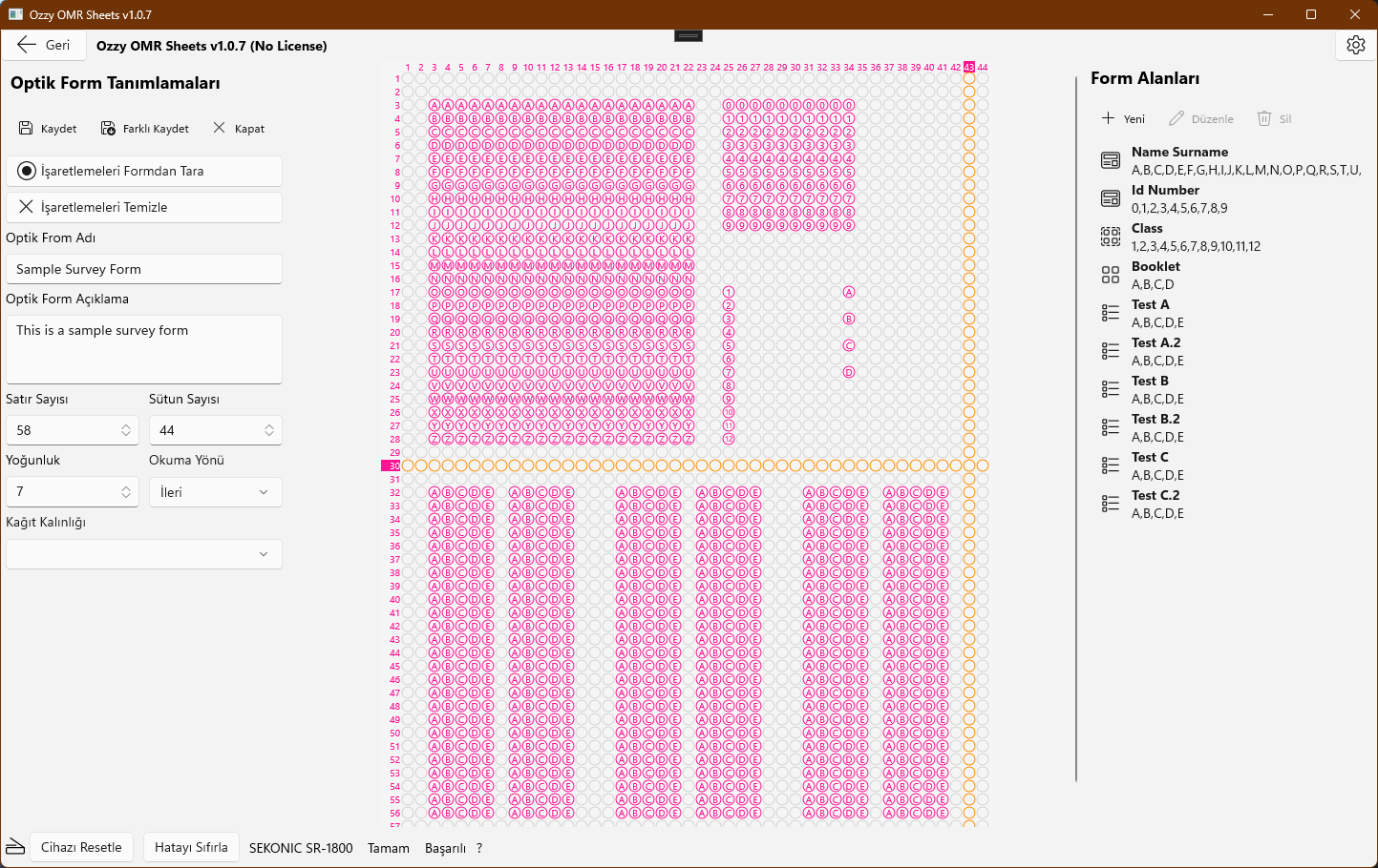 Optik formların düzenlenebildiği ve optik form alanlarının tanımlandığı ekranın açık tema görüntüsü