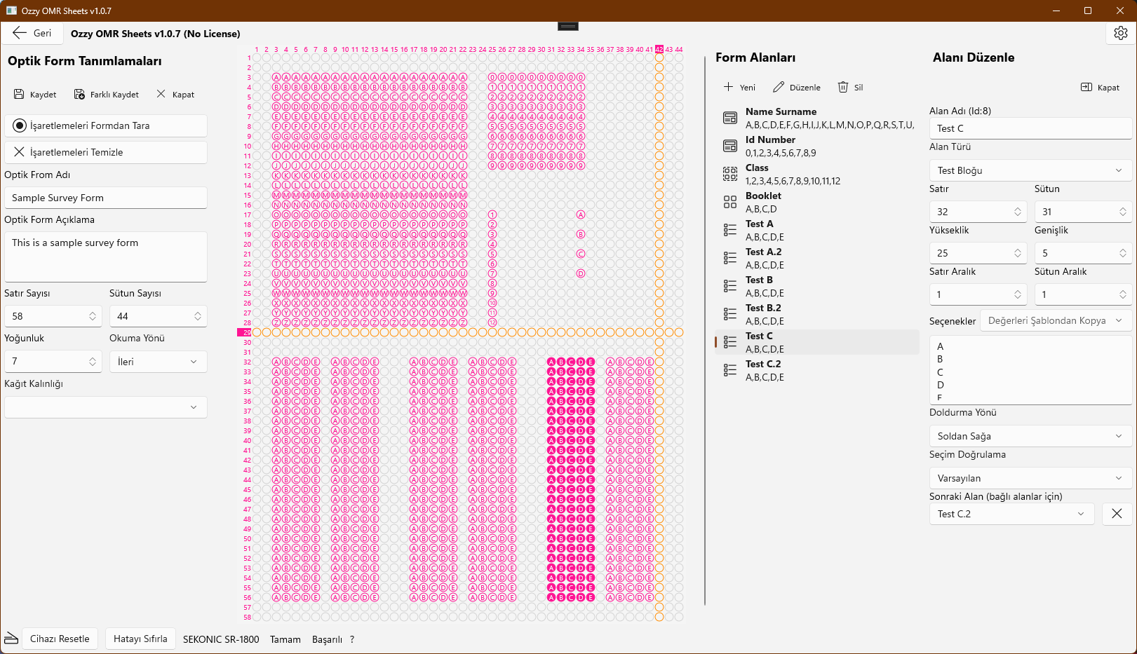 Optik formların düzenlenebildiği ve optik form alanlarının tanımlandığı ekranın açık tema görüntüsü